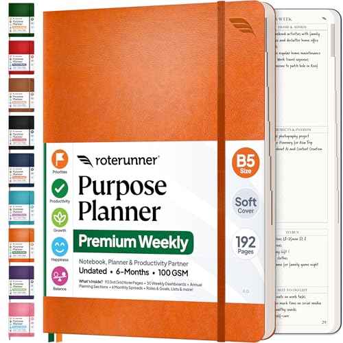 Roterunner Purpose Planner Notebook B5 5.8”x8.3” Undated 2026 Daily Weekly and Monthly Productivity Goal Setting Tool for Work Home ADHD Planner for Adults Self Care Journal (Orange Softcover) - color: Orange, style: B5 Softcover