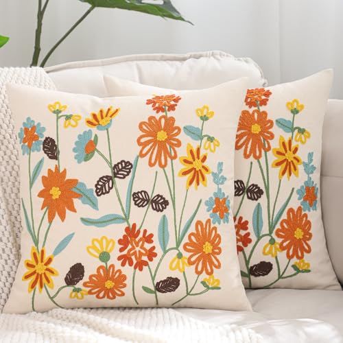 LUOYEHK Embroidered Throw Pillow Covers 18x18 Inch Set of 2 Decorative Pillow Cover Spring Summer Boho Cushion Pillowcase for Couch Sofa Bed Living Room, Orange Wildflower - color: Orange Wildflower