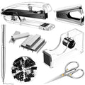 Outus Office Supplies Set Desk Accessory Kit, Acrylic Stapler Set Staple Remover, Tape Dispenser, Binder Clips, Paper Clips, Ballpoint Pen and Scissor with 1000 Pieces 26/6 Staples (Black) - color: Black