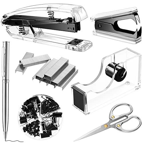 Outus Office Supplies Set Desk Accessory Kit, Acrylic Stapler Set Staple Remover, Tape Dispenser, Binder Clips, Paper Clips, Ballpoint Pen and Scissor with 1000 Pieces 26/6 Staples (Black) - color: Black