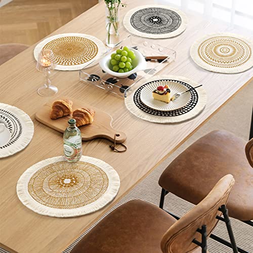 Set of 6 Round Placemats 13 Inch Cotton Woven Mandala Tassels Table Mats - color: Spiral-6pcs