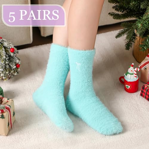 Geyoga 5 Pairs Fuzzy Bow Socks for Women Fluffy Slipper Gift - color: Bright Color