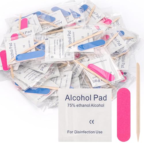 48 Sets Disposable Manicure Kit 3-Piece Mini Nail Files Set Includes Nail File 100/180 Grit, Wood Stick, Nail Polish Remover Pads for Nails Design, Stamping Polish Manicure Art Tool