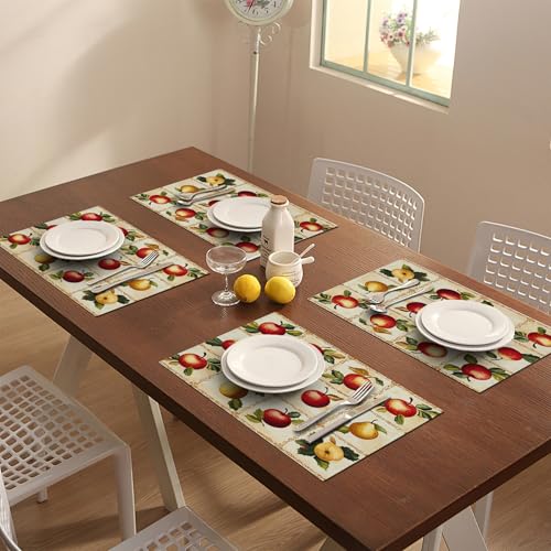 Apple Pear Placemats Set of 4, Retro Fruit Place Mats, Fruits Waterproof Washable Table Mats for Home Party Indoor Kitchen Dining Table Decoration 12x18 Inch - color: Apple Pear, size: Set of 4