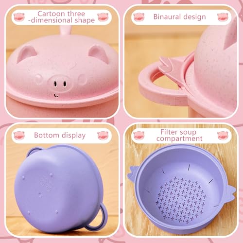 2 Sets Large 45oz Cute Pig Ramen Bowl Set Microwavable Pink, Purple - color: Pink,Purple