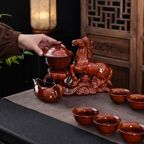 Chinese Gongfu Tea Set - Ceramic Teapot with Infuser, 8 Cups, Semi Automatic Horse Design for Loose Leaf Tea - color: Red Horse - A