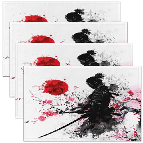 Feelyou Japanese Samurai Placemats Set of 4 Cherry Blossoms Placemat for Kitchen Dining Table 18"x12" Red Sun Pattern Home Decor Table Place Mats Fuji Mountain Indoor Outdoor Decor Table Mats - color: Black Pink