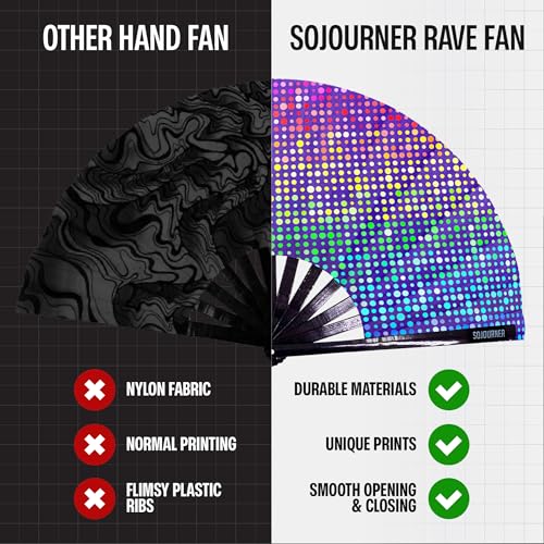 SoJourner Bags Rainbow Lights Rave Fan - Large Folding Clack Fan for Men and Women - Rave Accessories for EDM, Line Dancing, Cosplay, Concerts and More - color: Rainbow Lights