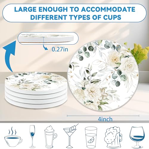 Drinks Coasters Set of 4, Green Leaves Peony Round 4" Cup Coasters, Absorbent Ceramic Stone Coasters with Cork Base, Cute Coasters for Table Home Décor, Ideal Gifts for Women Men - color: Green Leaves