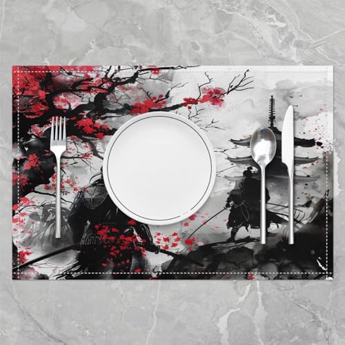 Feelyou Japanese Samurai Placemats Set Set of 4 18"x12" - color: Black White Red