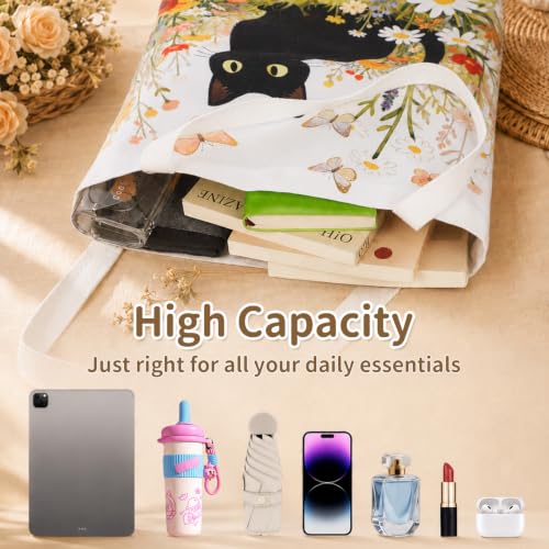 Canvas Tote Bag,Aesthetic Tote Bag,Cute Totebag with Buckle & Pocket,Reusable Canvas Bags,Cat Dogs Gifts for Grocery - color: Small Cat