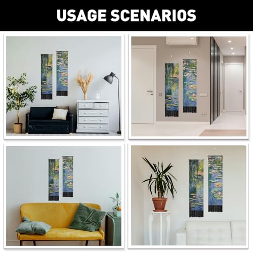 PLIGREAT 2 Pack Oil Painting Tapestry with Tassels, Lotus Pond Art Wall Hanging Vertical Monet Style Home Wall Tapestry for Bedroom Living Room Long Narrow Decor, 52" x 13" - color: blue,green