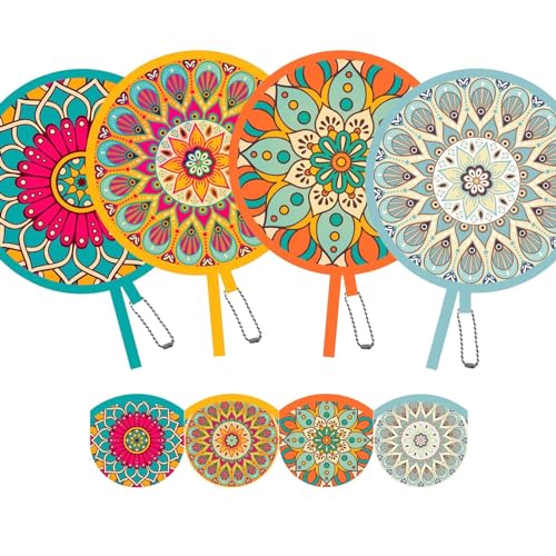 4 Pack Assorted Mandala Pattern Hand Fan Foldable, Multi-Role Round Handheld Fans for Travel, Events, Indoor & Outdoor (Mandala) - style: Mandala