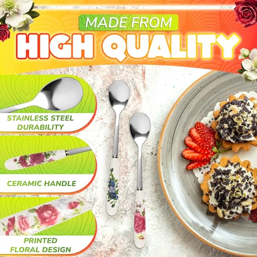 6 Pcs Coffee Spoons Set, 6.1", Floral Ceramic Handle and Stainless Steel - color: 6 Pcs Floral Ceramic Handle Spoons Set