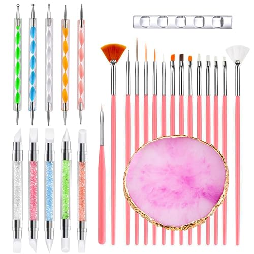 27Pcs Nail Art Tool Set, Nail Brushes Set With Dotting Tools, Palette & Nail Art Holder Professional Nail Painting Brushes for Liner Dotting,Blending, Fan Brush for DlY Nail Design& Manicure
