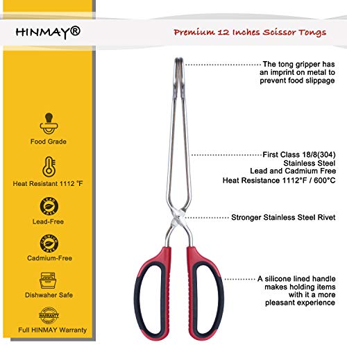 HINMAY Stainless Steel Scissor Tongs with Comfort-Grip Handle 12-Inch - color: Red Handle, size: 12-Inch