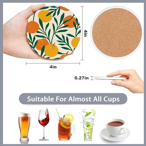 Drink Coasters Set of 6 with Holder,Tropical Palm Leaves Orange Floral Absorbent Ceramic Coasters with Cork Base,Fit All Cups,Tabletop Protection Mat for Mugs and Cups,Office,Kitchen - color: Tropical Palm Leaves Orange Floral