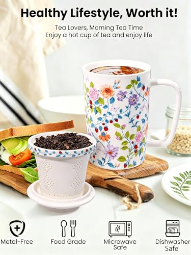 Ceramic Tea Mug with Infuser and Lid,16oz Floral Loose Leaf Tea Cup - color: Vibrant Floral