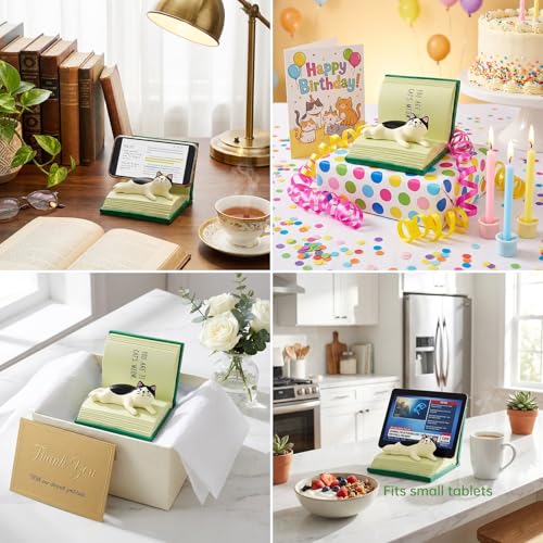 RAQWI Black and White Cat on Green Book, Resin Phone Stand, Desk Decor - color: Green