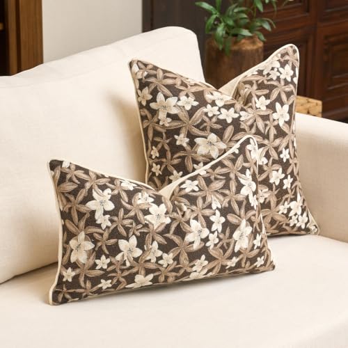 Aeckself Decorative Chenille Floral Throw Pillow Cover 12 x 20 Inch, Brown - color: Brown, size: 20" x 12" (Pack of 1)