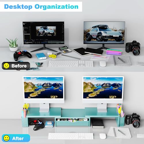 Spacrea Dual Monitor Stand Riser with Drawer and 2 Pen Holders - color: Blue