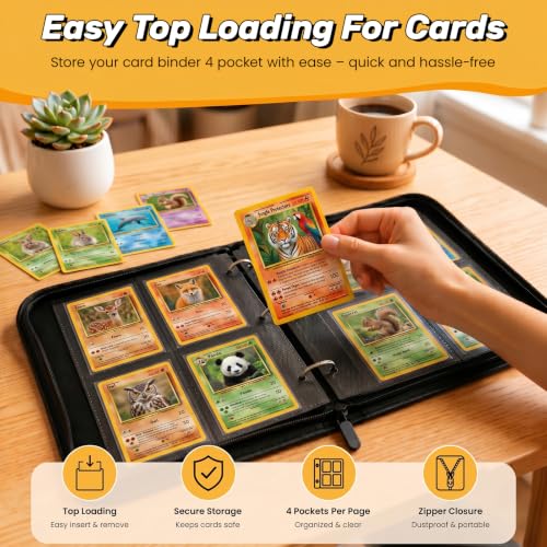 4 Pocket Card Binder, 400 Pockets Card Collection Book with 50 Removable Sleeves, 3-Ring PU Leather Trading Card Album for Game & Sports Cards - Portable Zipper Binder for Boys Kids - color: Yellow,blue