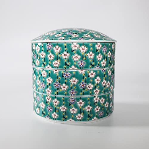 Traditional Japanese Bento Box, 3-tiered, Kutani Ware SK453 (Plum white flower design) - color: Plum white flower design