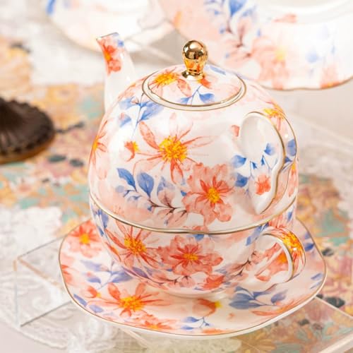 KAMMAK Tea for One Set, Ceramic Teapot, Bone China Tea Set, Cup and Saucer - color: Pink-XY1