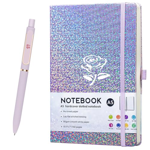 HJWKJUS Bling A5 Lined Journal Notebook with Pen for Girls Women, Purple - color: Purple-Flower