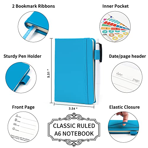 feela 3 Pack Pocket Notebook Journals, Mini Cute Small Journal Notebook Bulk Hardcover College Ruled Notepad with Pen Holder for Office School Supplies, with 3 Black Pens, 3.5”x 5.5”, A6, Teal - color: 3 Teal
