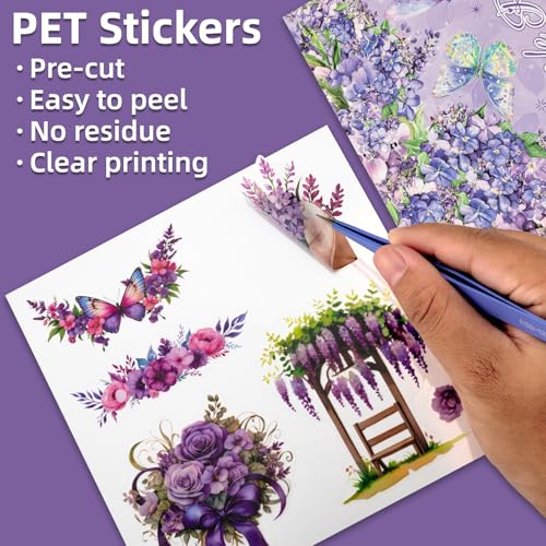 Purple Garden Scene Theme Sticker Scrapbooking Supplies for Junk Journal, 30 Sheets PET Stickers - Vintage Journaling Stickers, Ephemera Sticker Book Pre Cut(TZ-005-003) - color: Purple Rhyme