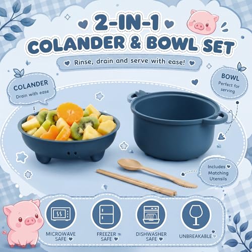 2 Sets 45oz Cute Pig Ramen Bowl Set Microwavable, Black, Dark Blue - color: Black,Dark Blue