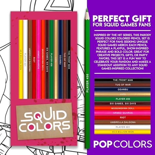 Squid Colors Wooden Colored Pencil Set for Kids – 12 Squid Game-Inspired Parody of Korean Series with Foil-Stamped Names, Adults Coloring Books and Recreation - Ideal for Squid Game-Fan Gift - style: Squid Games