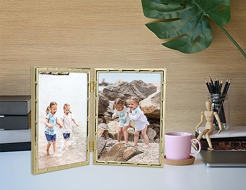 YiPinYin Gold 5x7‘’ Bamboo Detail Design Double Picture Frame,Elegant Narrow Profile Gold Plated Photo Frames With Soft Touch Velvet Backing for Desktop and Shelf Decor - color: Gold, size: 5x7Inch Double