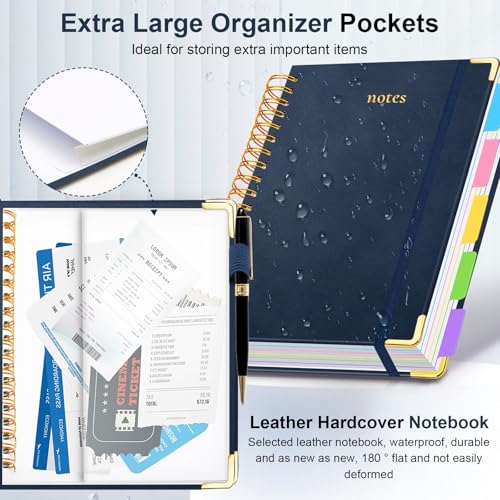 Hardcover Spiral Notebook 8"x10" Journal Notebook with Tabs and Removable Dividers 300 Pages 5 Subject Notebook College Ruled, Faux Leather Spiral Bound Notebook for Women School Work (Dark Blue) - color: Dark Blue, size: 8"x10"(B5)