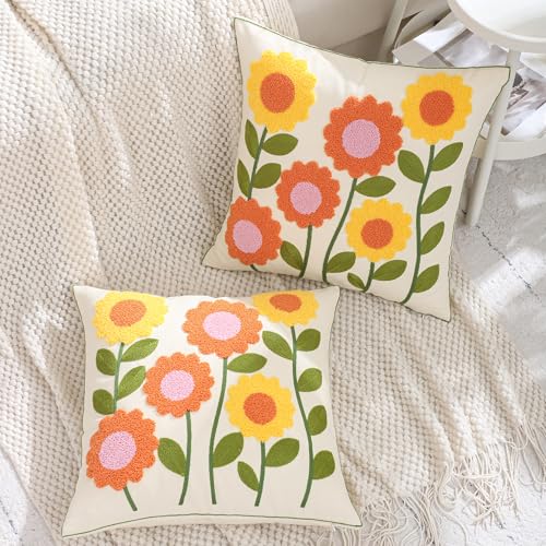 LUOYEHK Embroidered Throw Pillow Covers 18x18 Inch Set of 2 Orange Sunflower Decorative Pillow Cover Spring Summer Boho Cushion Pillowcase for Couch Sofa Bed Living Room - color: Orange Sunflower
