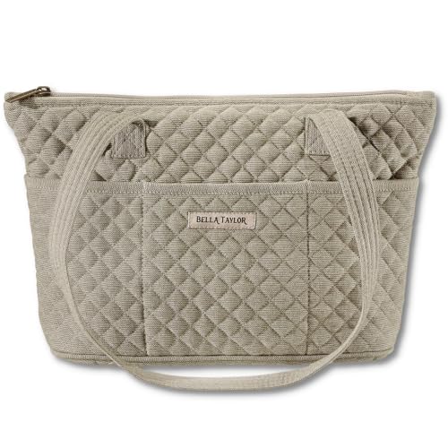 Bella Taylor Small Tote, Quilted Shoulder Bag for Women - color: Khaki Chambray