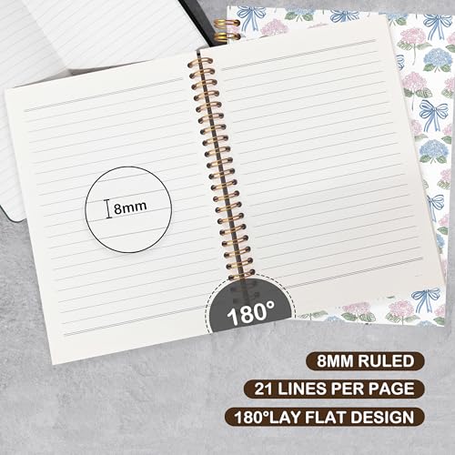 VIIJJUE Cute Bow Hydrangea Floral Notebook, AestheticJournal, Blue and Pink Flowers Notebooks for Note Taking, Blue and Pink Office Supplies, Hardcover Spiral Journal 5.5x8.3 Inch - color: B-Bow and Hydrangea