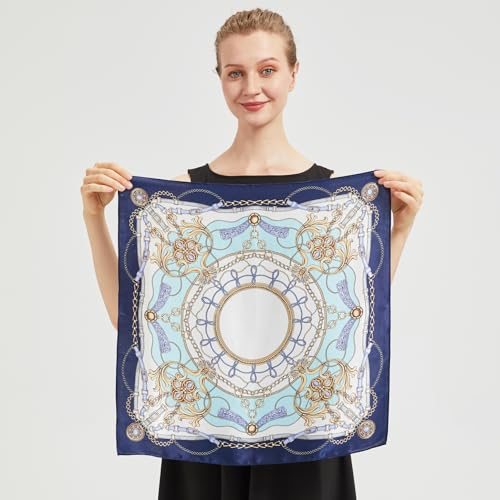 100% Mulberry Silk Neck Scarf for Women Square Neckerchief – 21 inch - color: Blue