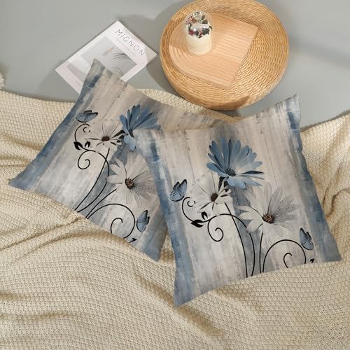 Spring Pillow Covers 18x18 Pack of 2 Blue Daisy Floral Throw Pillow Covers Outdoor Decoration Vintage Summer Flower Decor Pillowcase Farmhouse Decorative Linen Cushion Case for Couch Sofa - color: Blue Daisy, size: 18" x 18" (Pack of 2)