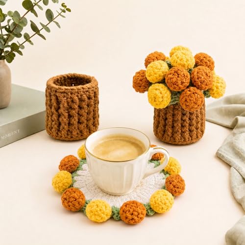 Crochet Flowers Coasters with Basket,Handmade Rose Bouquet Blanket Kawaii Decor Coaster for Desk,Coffee Table,Home Decor,Wedding Gift,Housewarming,Birthda(2Pcs) (Yellow) - color: Yellow