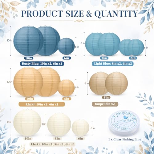 15 Pack Dusty Blue Paper Lanterns with String, 6/8/10 Inches - color: Dusty Blue, Light Blue, Ivory, Kraft, Taupe