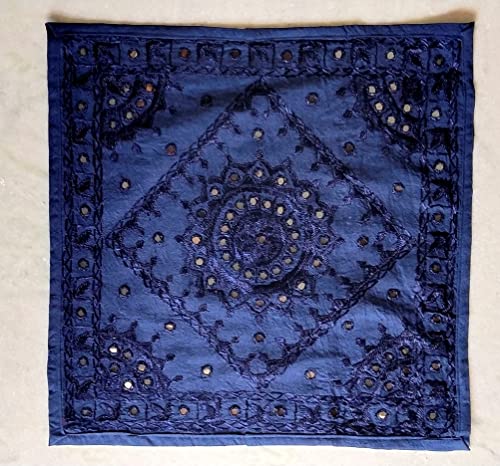 Indian Ethnic Cotton Blue Mirror Embroidered Cushion Cover Throw Pillow Cases Decorative Pillows Cover Boho 16x16 Inches - color: Blue