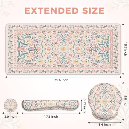iCasso Desk Pad Mat, Large Mouse Pad and Keyboard Wrist Rest Set - color: Pink Flowers