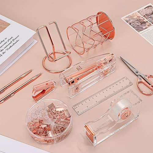 EOOUT Rose Gold Desk Accessories, Office Supplies and Accessories Set, Acrylic Stapler Set, Staple Remover, Phone Holder, Pen Holder, Scissor, Ruler, Transparent Tape - color: Rose Gold