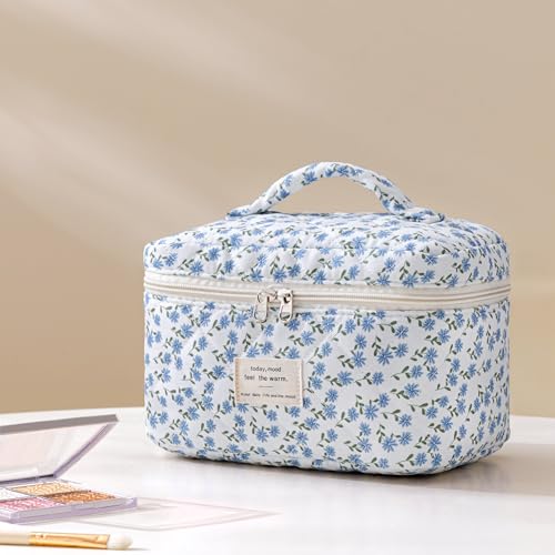HBselect Quilted Makeup Bag, 3Pcs Cotton Large Travel Makeup Bags Organizer - color: A-3PCS-Floral 24