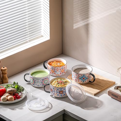 Jumbo Ceramic Soup Bowl with Lid, Microwave Safe - Pattern B - color: Pattern B, size: Set of 1