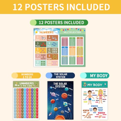12 Laminated Educational Posters For Toddlers, Preschool Posters for Classroom, Kindergarten Wall Decor for Alphabet Poster Numbers Colors Shapes Days of the Week Poster