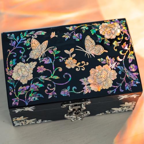 February Mountain Mother of Pearl Small Jewelry Ring Box - Gifts for best friends women, Thank you gifts, mom birthday gifts, Friendship Women Gifts Trinkets Keepsake Treasure box (Black-Butterfly) - color: Black-Butterfly