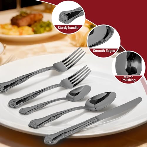 Silverware Set,Stainless Steel Flatware Cutlery Set with Floral Handles,Included Knife Spoon and Fork, Mirror Polished Cutlery Utensil Sets for Home Kitchen Restaurant Wedding, Party - color: Black, size: 20 pieces for 4